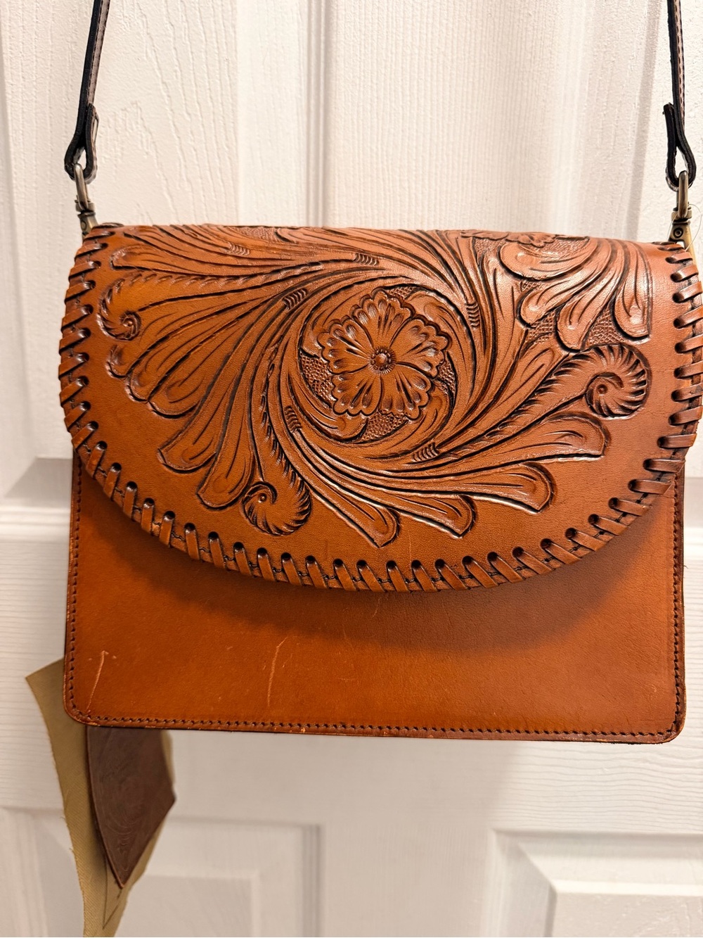 Tooled Leather Floral Crossbody Bag - Brown
